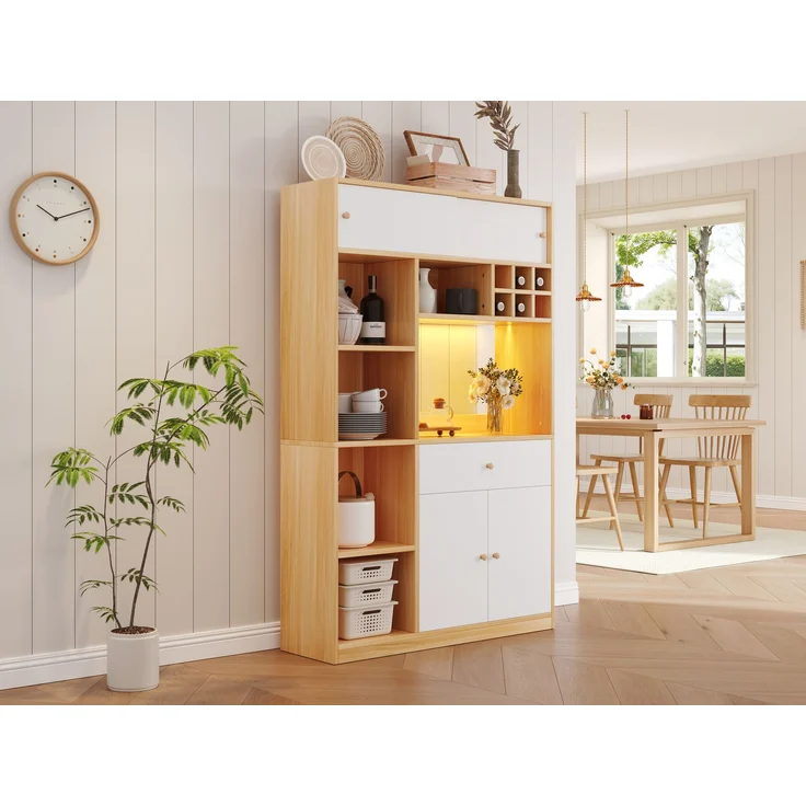 ZUBALIYA Buffetschrank 115x35x180 cm, mit LED-Beleuchtung, aus Spanplatte, Weiß / Natur – Bild 13