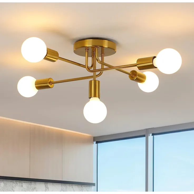 DELIPOP Deckenleuchte Vintage - 5 Flammig E27 Retro Deckenlampe Kronleuchter Gold Modern für Wohnzimmer Esszimmer Flur Restaurant Hotel Café