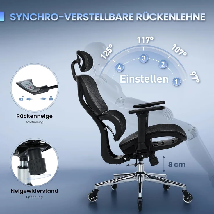 COLAMY Ergonomischer Bürostuhl – Schreibtischstuhl mit Sattel-Sitzpolster für optimale Druckentlastung, atmungsaktiv, 3D-Armlehnen, Kopfstütze, Büro/Homeoffice/Studium, Schwarz – Bild 4