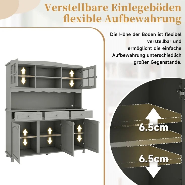 Buffetschränke, Esszimmer-Hochschrank 135*40*185 cm, mehrstufigem Stauraum, integrierter Steckdose sowie USB-C- und USB-A-Anschlüssen, Farbiger LED-Streifen, graugrün – Bild 6
