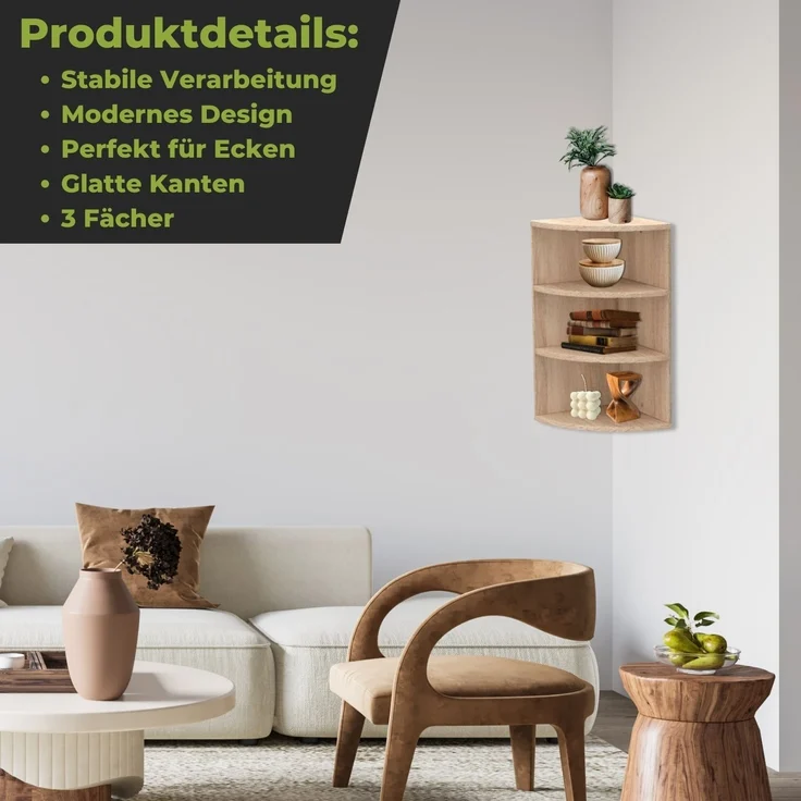 Coemo Eckregal Corner 60 aus Holz 3 Etagen Natur Sonoma – Bild 3