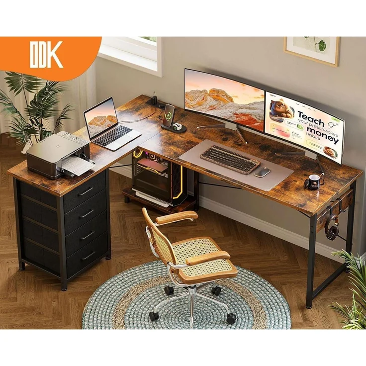 ODK Eckschreibtisch L Form Vintage-Braun 155x110 cm, Schubladen, Steckdosen, USB – Bild 2