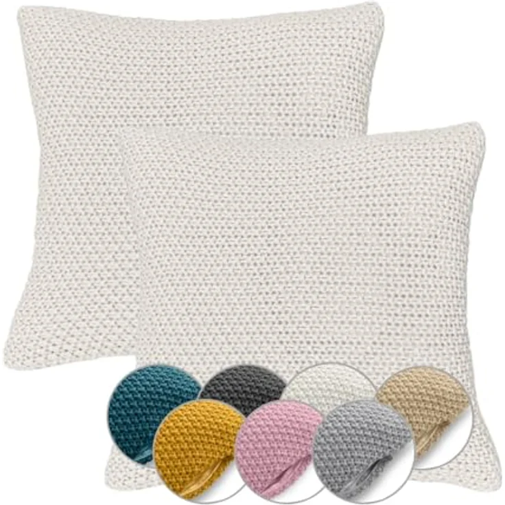 wometo Kissenhülle Strick, Weiß, Oeko-Tex® zertifiziert, 45x45 cm, 2-teiliges Set mit hochwertigem Reißverschluss – Bild 1