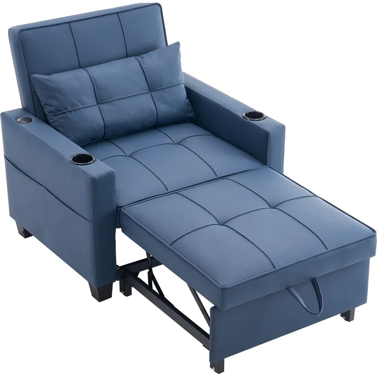 3-in-1 Schlafsessel mit USB und Getränkehaltern, ausziehbarer 1-Sitzer mit 3 Rückenpositionen und Seitentasche für kleine Wohnräume, Blau – Bild 16