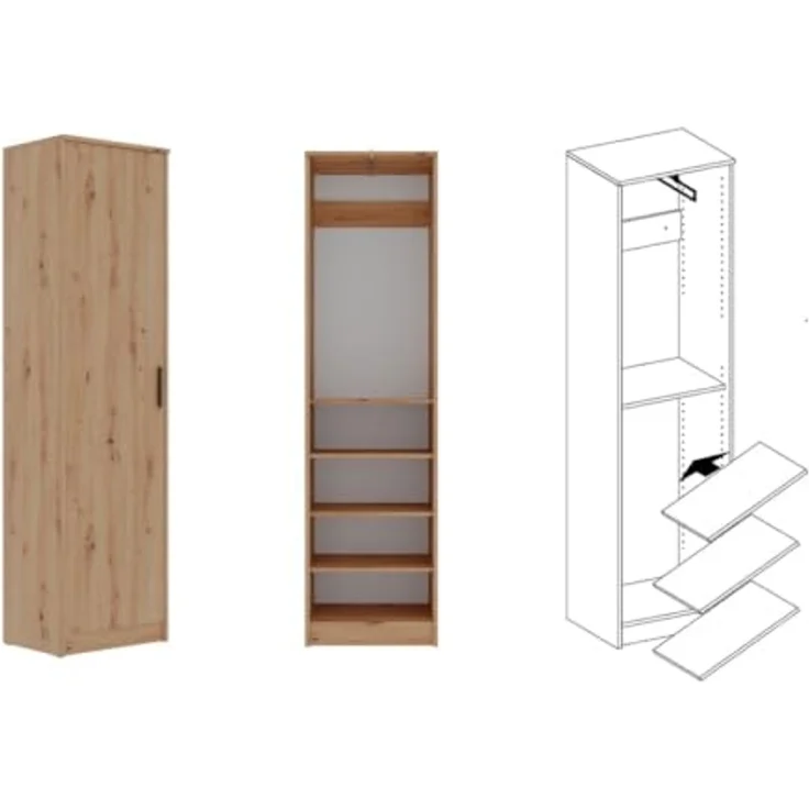 Marmex Möbel Grant 20/14A Kleiderschrank mit Aufsatz, hoher Schrank mit Regalen für Kleidung und Kleiderstange, laminierte Spanplatte, artisan Eiche, 52 x 235 x 40 cm – Bild 5