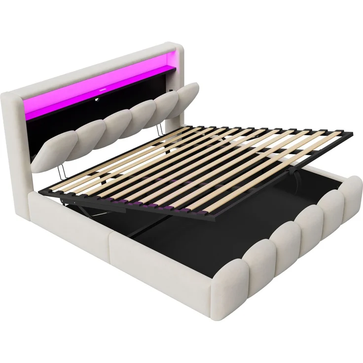 Polsterbett 180*200, Ausgestattet mit hydraulischer Staufunktionund Stauraum im Kopfteil, Doppelbett, Samtstoff,mit USB- und Typ-C-Anschlüssen, mit LED, weichem Samtstoff und Blütenblattdesign,Beige ( – Bild 10
