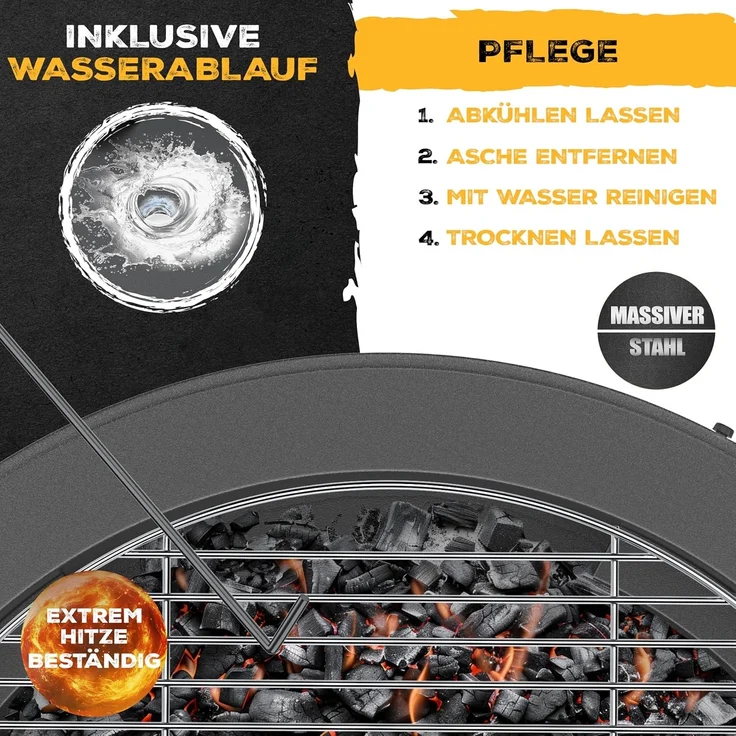 KESSER® Feuerschale mit Grillrost Ø65cm Feuerkorb 0,6mm Kaltveredelter Stahl | mobile Feuertonne mit Reifen | Holz & Kohle Feuerstelle inkl. 60cm Feuerhaken aus Gusseisen, Ø52cm, Bürste & Cover Schwarz – Bild 6