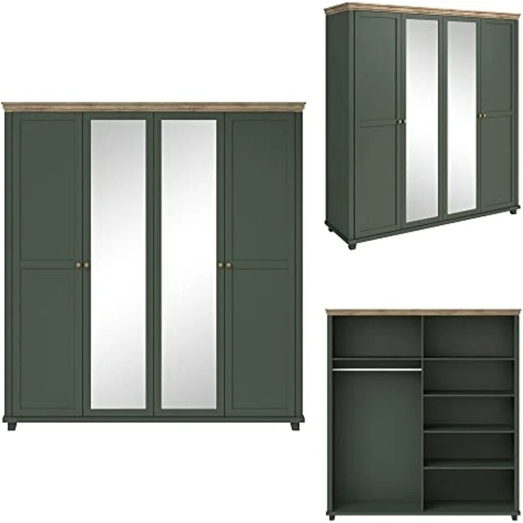 Kleiderschrank Landhausstil 200 cm breit EPSOM-83 mit 2 Spiegeln, 4 türig, in grün mit Lefkas Eiche Nb, B/H/T: ca. 200/216/62 cm – Bild 3