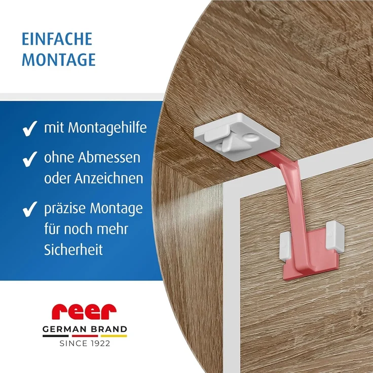 reer Schrank- und Schubladensicherung mit Montagehilfe | Einfache Einhand-Bedienung | Schraubmontage | integrierter Klemmschutz | 3 Stück | Farbe: weiß – Bild 4