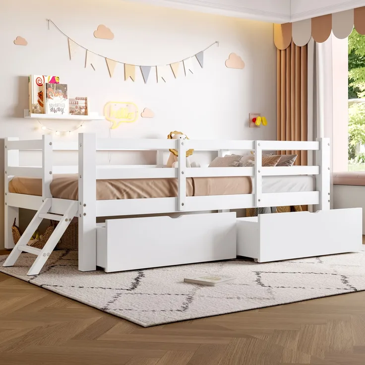 U-life Holz-Plattformbett 90x200 cm mit Schutzgeländer und 2 Schubladen, Weiß