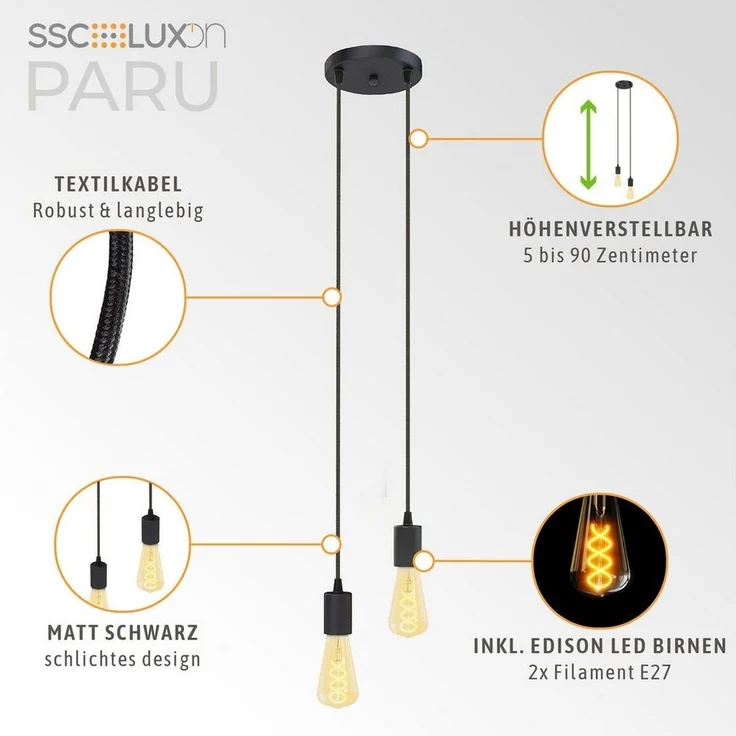 SSC-LUXon LED-Hängeleuchte PARU 2er Hängeleuchte inkl. E27 LED Glühbirnen dimmbar 3W, Extra Warmweiß – Bild 2