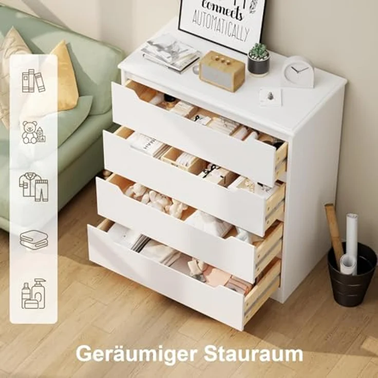 Bealife Kommode Weiß, Schlafzimmer Kommode mit 4 Geräumige Schubladen, Schrank mit Schubladen mit Ausgeschnittenen Griffen und Kippsicherung, Schubladenschrank Ideal für Wohnzimmer, Büro – Bild 8