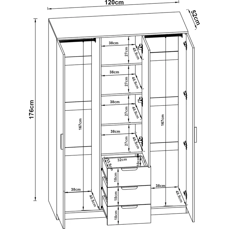 Kleiderschrank Eiselfing 176x120x52 cm 3 Schubladen Weiß [en. casa] – Bild 4
