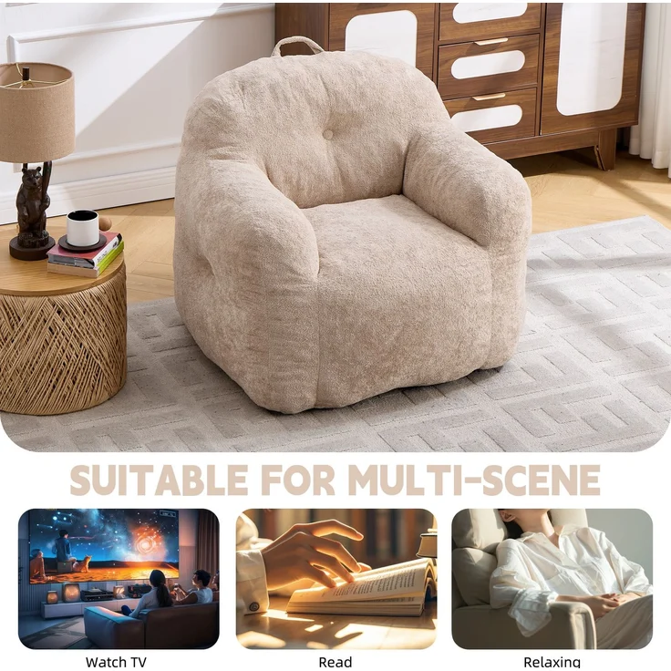 Sitzsack-Sessel mit Kunstfellbezug, Armlehnen und Schaumstoffflocken, weicher Lesesitz ohne Montage für Wohn- und Schlafzimmer, Beige – Bild 6