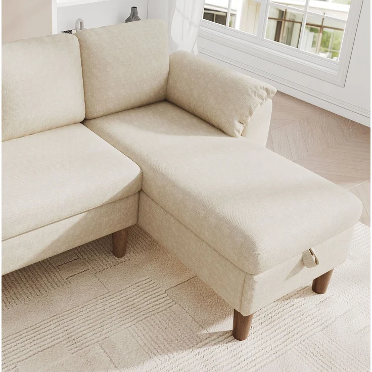 Ecksofa 181x125x88 cm in Beige mit Stauraum-Chaiselongue, USB-Anschluss und Taschenfederkern – Bild 8