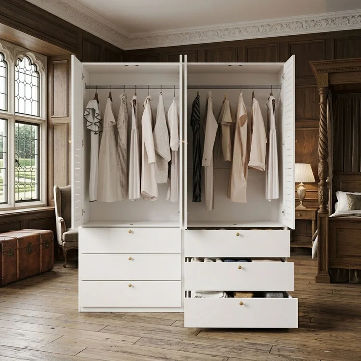 CHICFURN Kleiderschrank 180x200x50 cm mit 4 Lamellentüren, 6 Schubladen und 2 Kleiderstangen Weiß – Bild 6