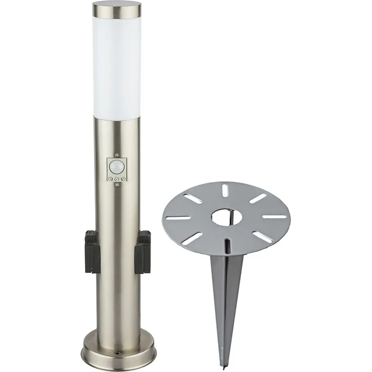 LED Stehleuchte, 2 Steckdosen, Bewegungsmelder, Edelstahl