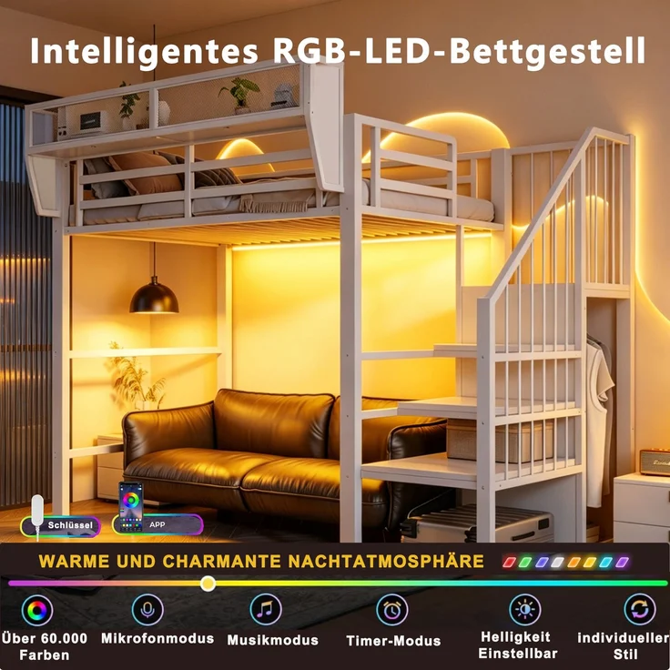 ZUBALIYA Hochbett 90 × 200 cm, Metall, LED-Beleuchtung, Leiter, Weiß – Bild 7