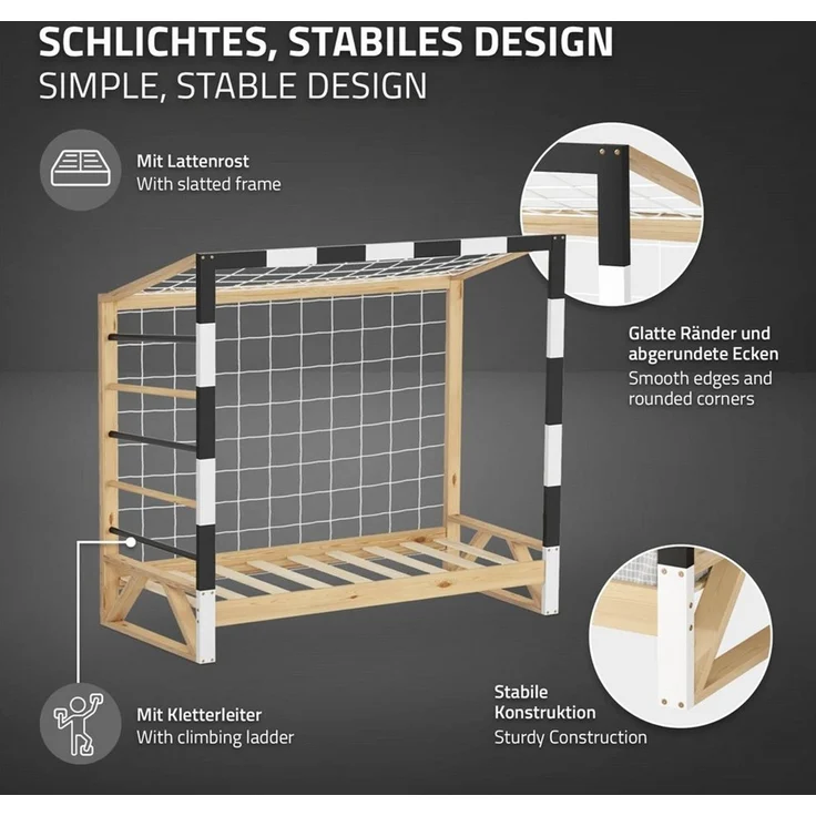 ML-DESIGN Spielbett Kinderbett Fußballtor Holzbett mit Lattenrost Kletterleiter & Netz, Abenteuerbett 70x140cm Natur Handballtor aus Kiefernholz mit Matratze – Bild 3