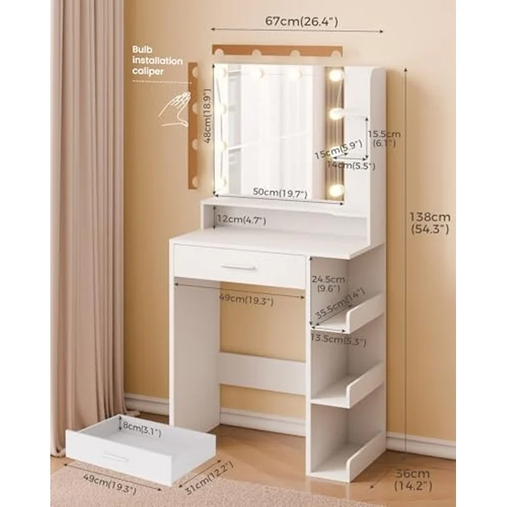 Mondeer Schminktisch mit Spiegel und 10 LED-Lichtkugeln, Frisiertisch mit 1 Schublade und 7 Offenen Fächern, 3 Farben mit Einstellbarer Helligkeit, Weiß, 67 x 36 x 138 cm – Bild 2