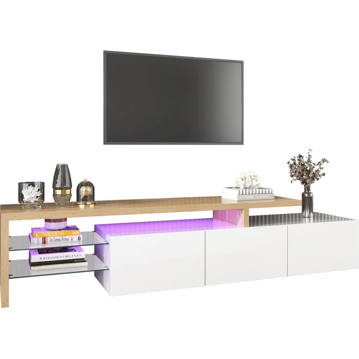 TV-Lowboard, MDF/Glas mit LED-Lichtstreifen & Glasböden, 197,5x39x42 cm, Natur/Weiß – Bild 8