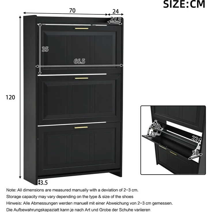 Schuhschrank 70x24x120 cm schwarz 2 Klapptüren 6 Fächer Ablagefläche – Bild 10
