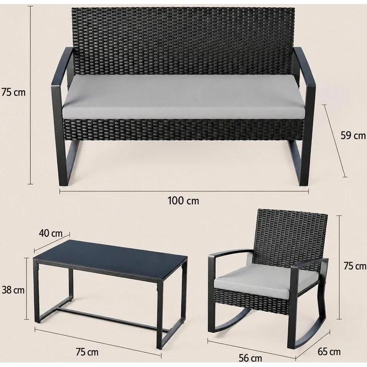 Blishom Balkonset 4-tlg. Gartenmöbel Set mit Schaukelstühlen & Glastisch – Bild 4