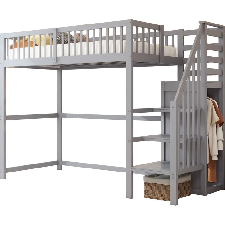 Hochbett 90x200 mit Treppe, Kinderbett aus Holz mit Aufbewahrungsregal, einfacher Kleiderschrank Grau – Bild 6