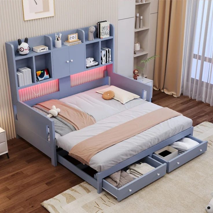 Multifunktionales Ausziehbares Schlafsofa Aus Holz Mit Schubladen, Ablageflächen, Schränken und offenen Fächern, Ausgestattet Mit Steckdosen und LED-Beleuchtung, Gästebett, Grau--Herde--193.6x97x140cm--YOUDENOVA – Bild 3