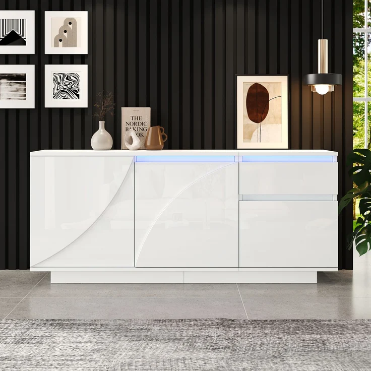 Sideboard 140 cm mit LED, Weiß Hochglanz, moderner Aufbewahrungsschrank mit 3 Türen, 1 Schublade & verstellbaren Regalen – Bild 3