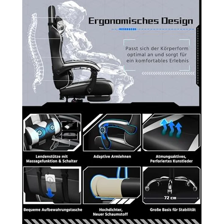 Yaheetech Gaming Stuhl Ergonomischer Gamer Stuhl mit Massagefunktion Computerstuhl mit Fußstütze Bürostuhl 90-135° Rückenlehne verstellbar Gaming Sessel PC Stuhl Weiß – Bild 6