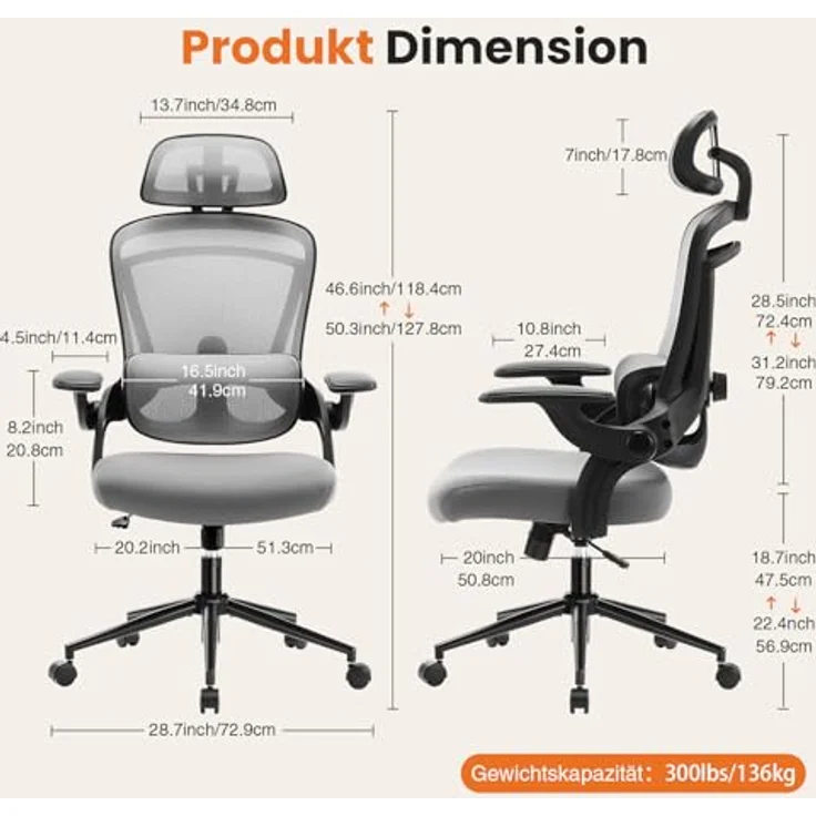 Sweetcrispy Ergonomischer Bürostuhl, Schreibtischstuhl Ergonomisch, Atmungsaktiver Netzstuhl mit Verstellbarer Kopfstütze, Armlehnen, Höhenverstellbarer Lendenwirbelstütze, für Homeoffice, Grau – Bild 4