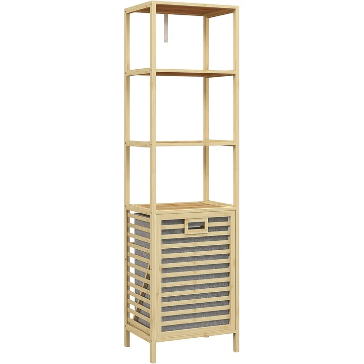 Badregal aus Bambus mit 3 Ablagen und kippbarem Wäschesammler, 44x33x160 cm, Natur – Bild 6
