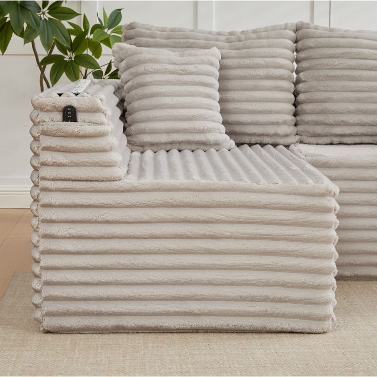 U-Sofa 320 x 155 x 88 cm aus Cord in Hellgrau – modulares Sofa mit Getränkehalter und Seitentasche – Bild 8