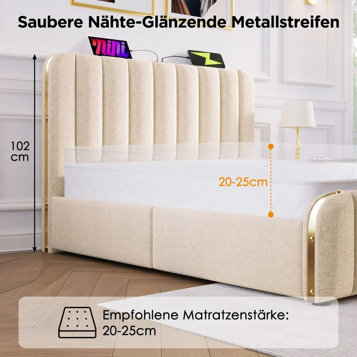 Polsterbett Leinen mit USB-Anschluss & 4 Schubladen, 90x200 cm, 215x98x102 cm, Beige, ohne Matratze – Bild 7