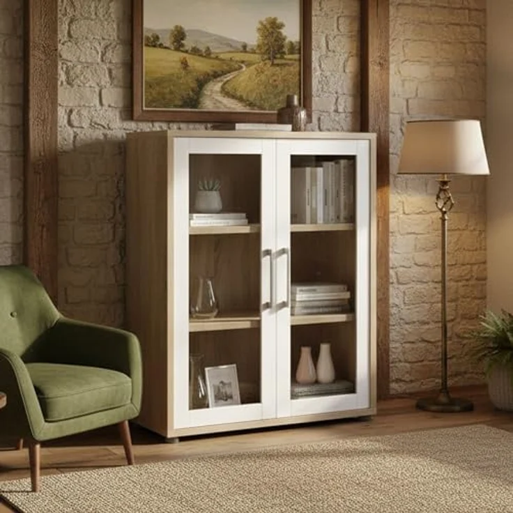 Dmora - Kommode Laureen, Wohnzimmerbuffet, Wohnzimmer-Sideboard, Moderne Küchen-Speisekammer, 89x40 h113 cm, Eiche und Weiß – Bild 2