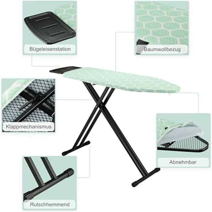 Relaxdays Bügelbrett für Dampfbügeleisen, höhenverstellbar und klappbar, 123 x 39 cm, grün/schwarz, mit Ablage und hitzebeständigem Bezug – Bild 5
