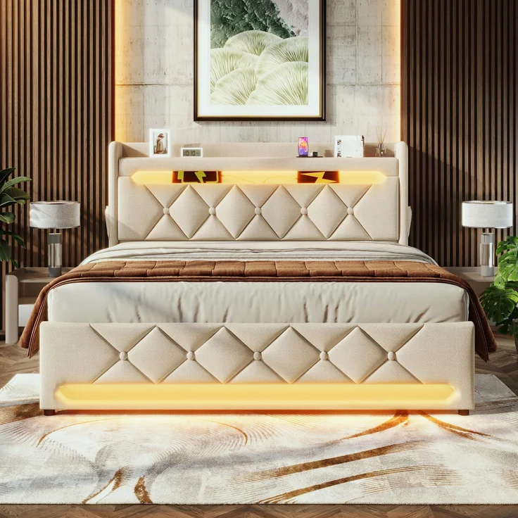 Merax Polsterbett 140*190cm, Doppelbett, Stauraum Kopfteil mit USB und Typ C-Port ,360-Surround-LED-Funktion rund um Kopf- und Fußende des, Leinen, Beige – Bild 2