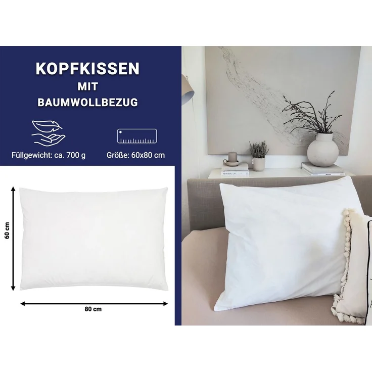 ZOLLNER Kopfkissen, Füllung: 50% Faserbällchen silik. PES-Hohlfaser, 50% Polysticks, Bauch-, Seiten-, Rückenschläfer, 60x80 cm, 100% Baumwolle, vom Hotelwäschespezialisten – Bild 2