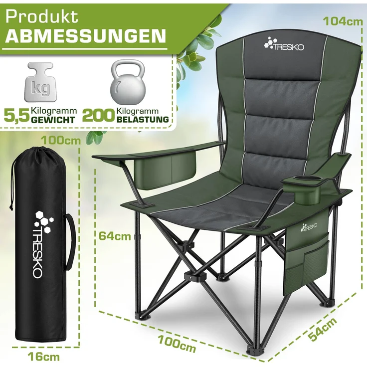 TRESKO® Campingstuhl Faltbar bis 200kg | Faltstuhl mit Kühltasche, Getränkehalter & Seitentasche | Klappstuhl XXL inkl. Tragetasche | Angelstuhl gepolstert für Outdoor, Angeln, Festival & Garten – Bild 2
