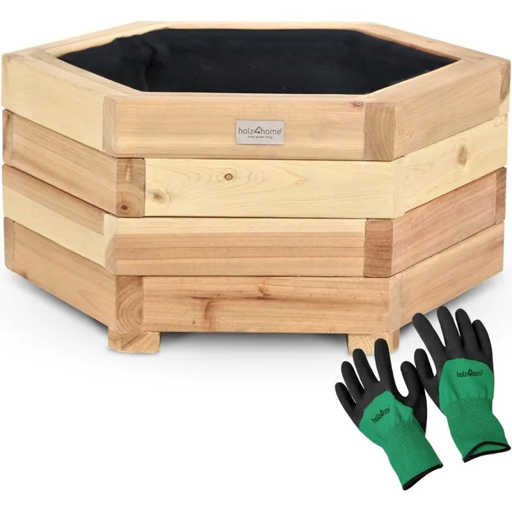 holz4home® Pflanzkübel 6-eckig aus Tannenholz I Outdoor Blumenkübel für Garten Balkon, inkl. Gartenhandschuhe & Vlies