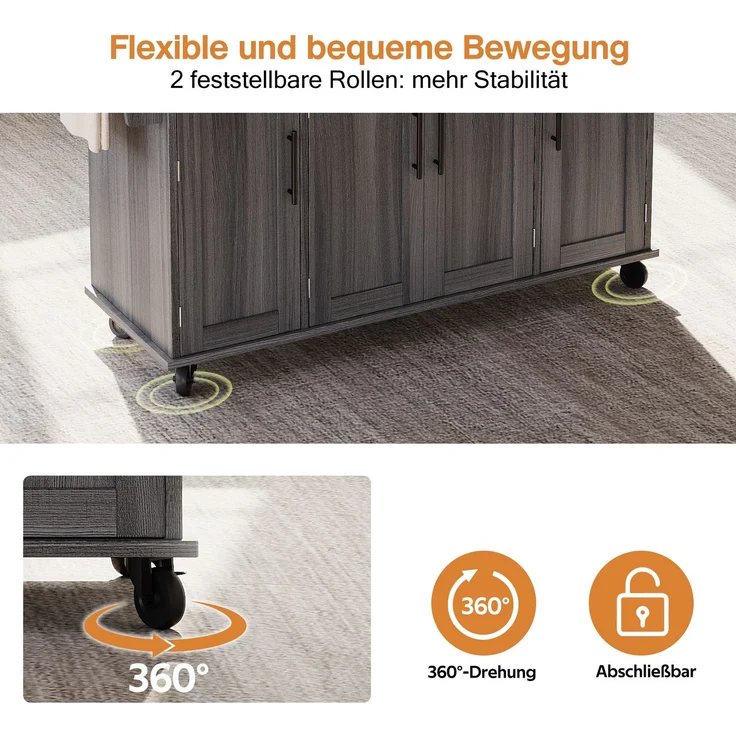 120×45cm,mobile Kücheninsel,Küchenwagen,ausziehbare Arbeitsplatte bis 70cm,verdeckte Besteckschublade,verstellbare Einlegeböden,Gewürzregal und Handtuchhalter,geeignet für Küche,Esszimmer oder Wohnzim – Bild 3