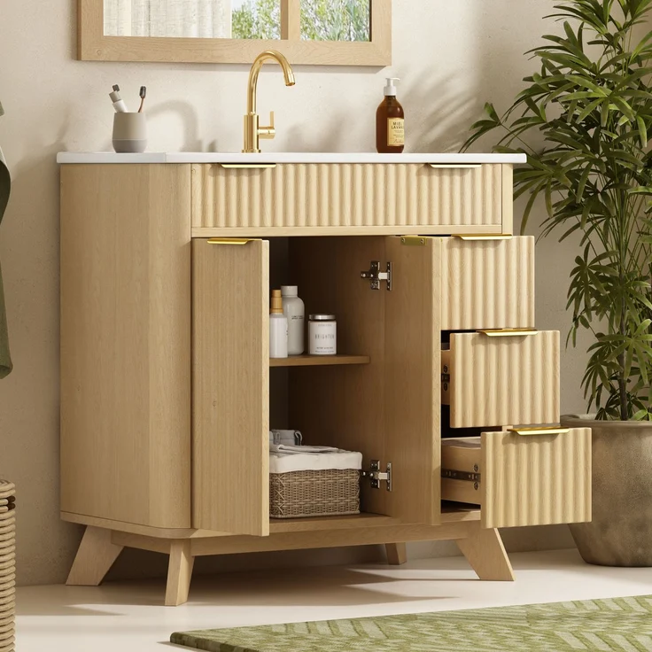 Waschtischunterschrank B 81 x T 47 x H 90 cm aus MDF mit Keramikwaschbecken und Wellenfront – Bild 2