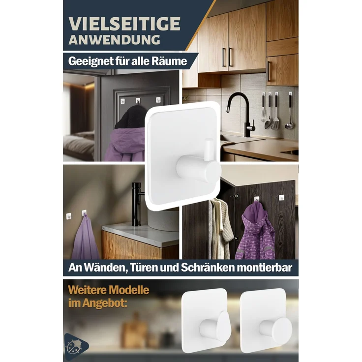 Lindenstein Handtuchhaken 6er-Set Weiß – Edelstahl V2A, selbstklebend mit 3M-Pads – Bild 6