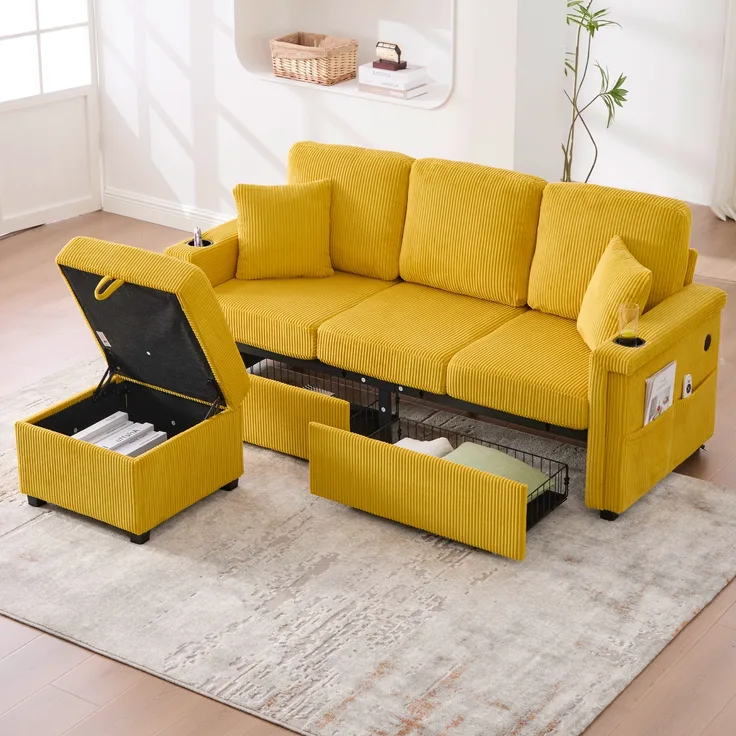 Sofa, Hochwertiges Samtsofa mit LED-Beleuchtung USB-C-Port inklusive Stauraum-Fußteil praktischen Getränkehaltern und Seitentaschen Premium Qualität für Wohnzimmer Schlafzimmer oder Büro, Samt, Senfgelb,