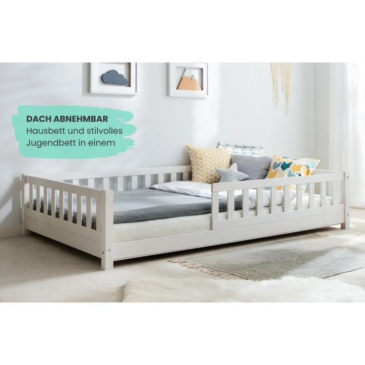 Ticaa Hausbett Duo mit Rausfallschutz aus Kiefer, Bodenbett 90x200, inkl. abnehmbarem Dach, mit Rollrost, mit Matratze – Bild 3