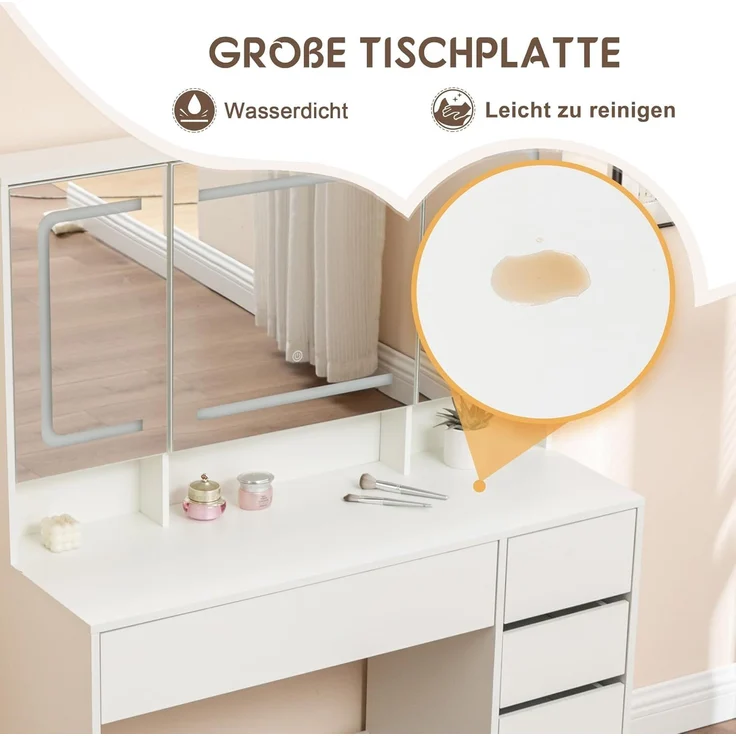 Thanaddo Schminktisch mit verstellbaren LED-Spiegel, Schminktische mit Hocker und Schubladen (Schminktisch mit LED), Mit 9 Fächer zur Aufbewahrung,Mit 3 Helligkeitsstufen – Bild 7