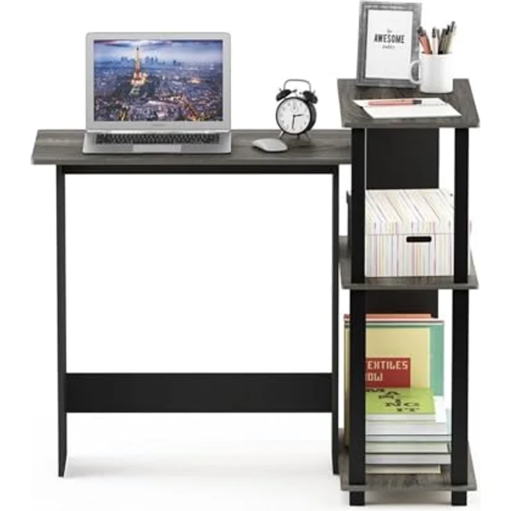 Furinno Abbott Schreibtisch mit 3 Ablageebenen, Holz, Französische Eiche Grau/Schwarz, 59.9 x 96.9 x 84.9 cm – Bild 7