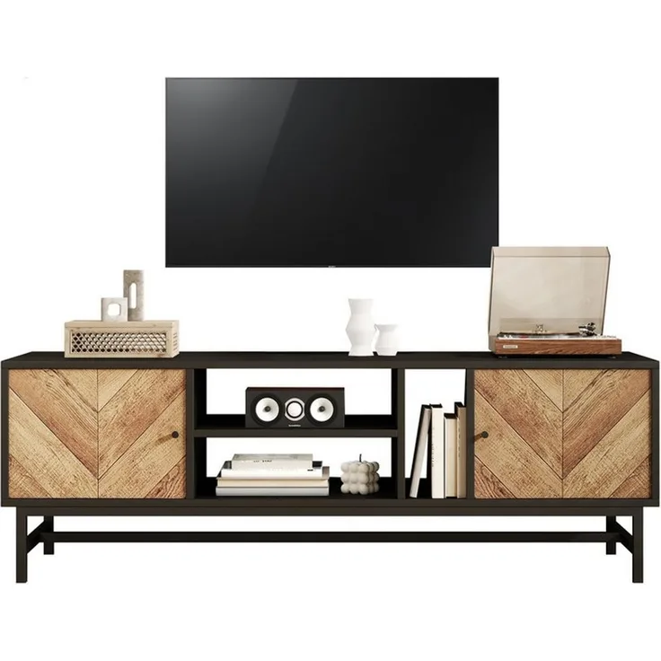 HAUSS SPOLE Lowboard mit vielseitigem Stauraum modernes und minimalistisches Design Schwarz (TV-Schrank Fernsehtisch,TV-Board,TV-Ständer, 1 St, 3 offene Fächer, 2 Türen), mit umgedrehten V-Form Holztür