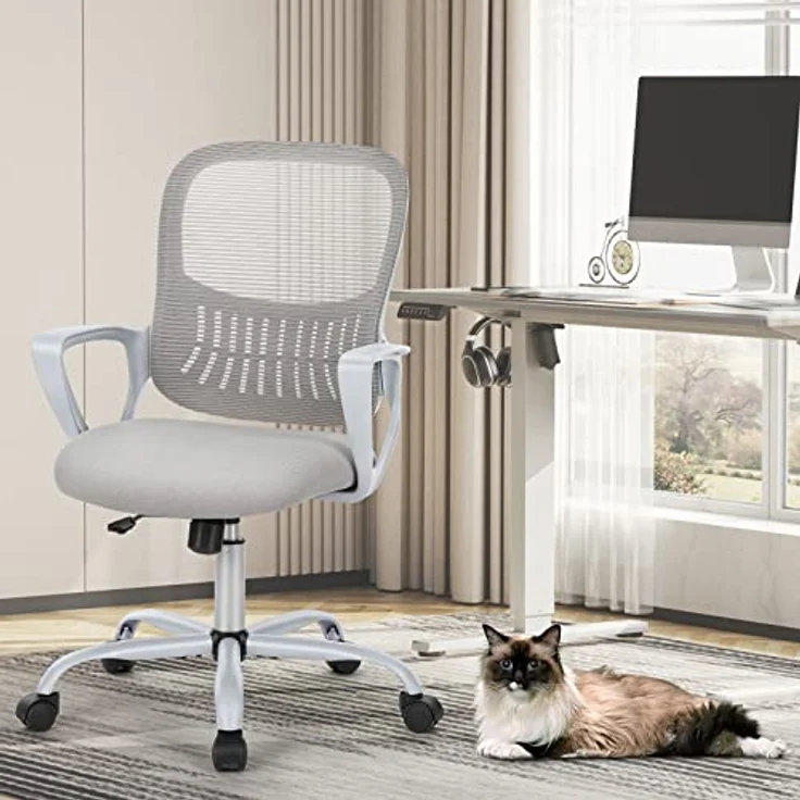 Sweetcrispy Bürostuhl Ergonomisch, Schreibtischstuhl mit Lendenwirbelstütze, Verstellbaren Armlehnen Drehstuhl, Höhenverstellbarer Office Chair, Bürostühle Geeignet für Büro und Schlafzimmer, Grau – Bild 3